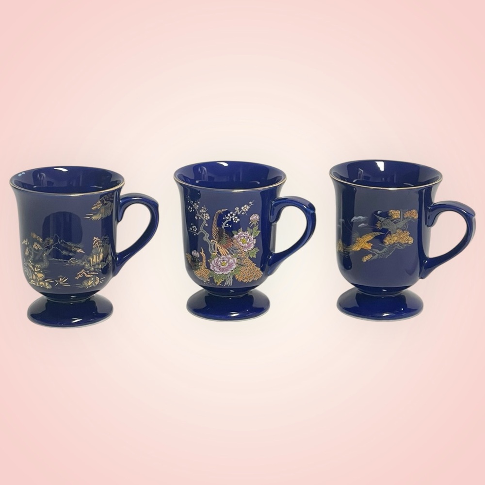 Vintage Blue Ceramic Mugs with Gold Accents